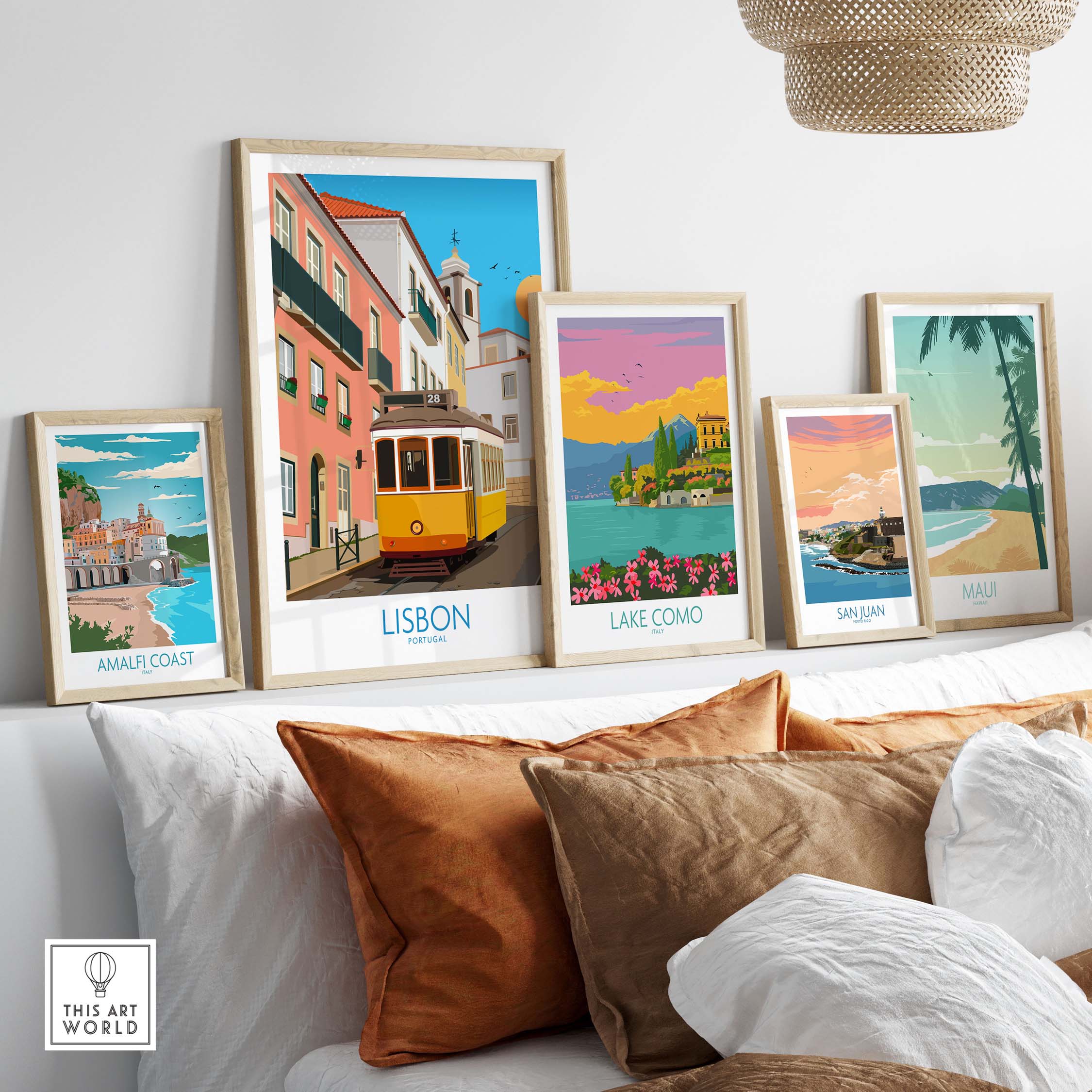 Framed Lisbon wall art print and travel posters on display, inspired by vintage styles, creating a vibrant home decor.