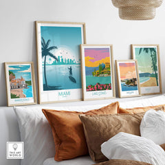 Elegant Miami wall art prints displayed on a shelf, showcasing vibrant travel destinations in a minimalist style.