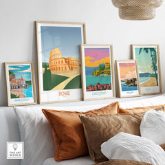 Rome wall art print collection featuring vintage-inspired travel posters on a stylish shelf.