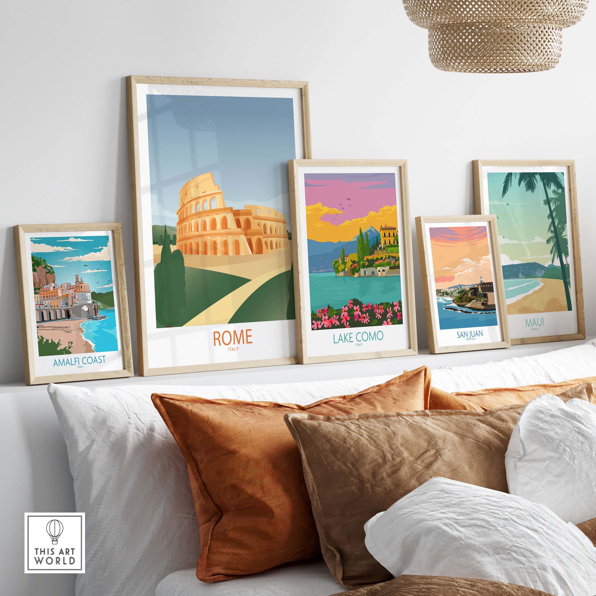 Rome wall art print collection featuring vintage-inspired travel posters on a stylish shelf.