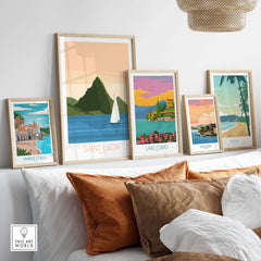 Saint Lucia Caribbean poster collection featuring vintage travel art prints, displayed in a stylish living room setting.