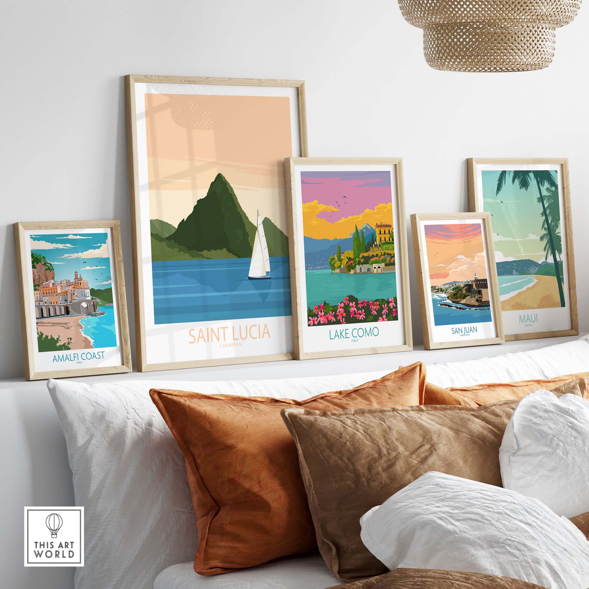 Saint Lucia Caribbean poster collection featuring vintage travel art prints, displayed in a stylish living room setting.