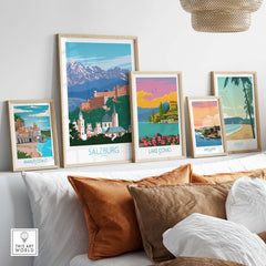 Salzburg wall art print alongside framed travel posters from Amalfi Coast, Lake Como, San Juan, and Maui, showcasing vintage design.