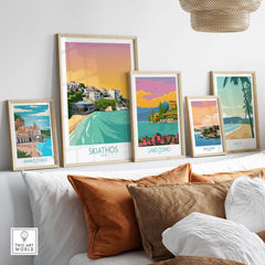 Skiathos Wall Art Print alongside other travel posters in a stylish home setting, showcasing Greece-inspired decor.