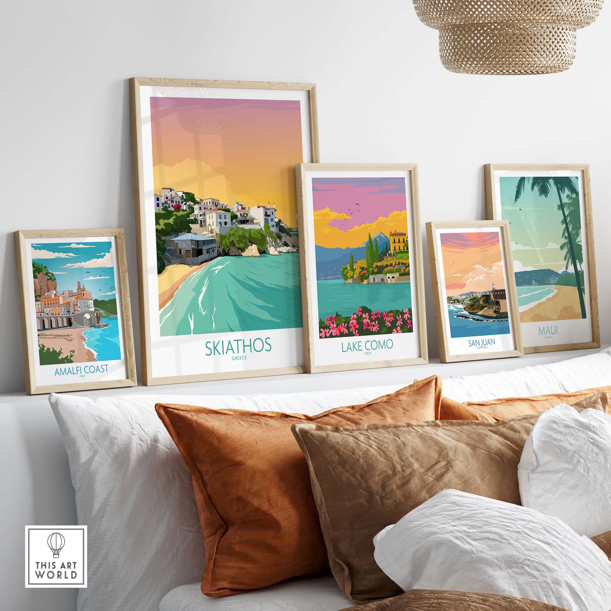 Skiathos Wall Art Print alongside other travel posters in a stylish home setting, showcasing Greece-inspired decor.
