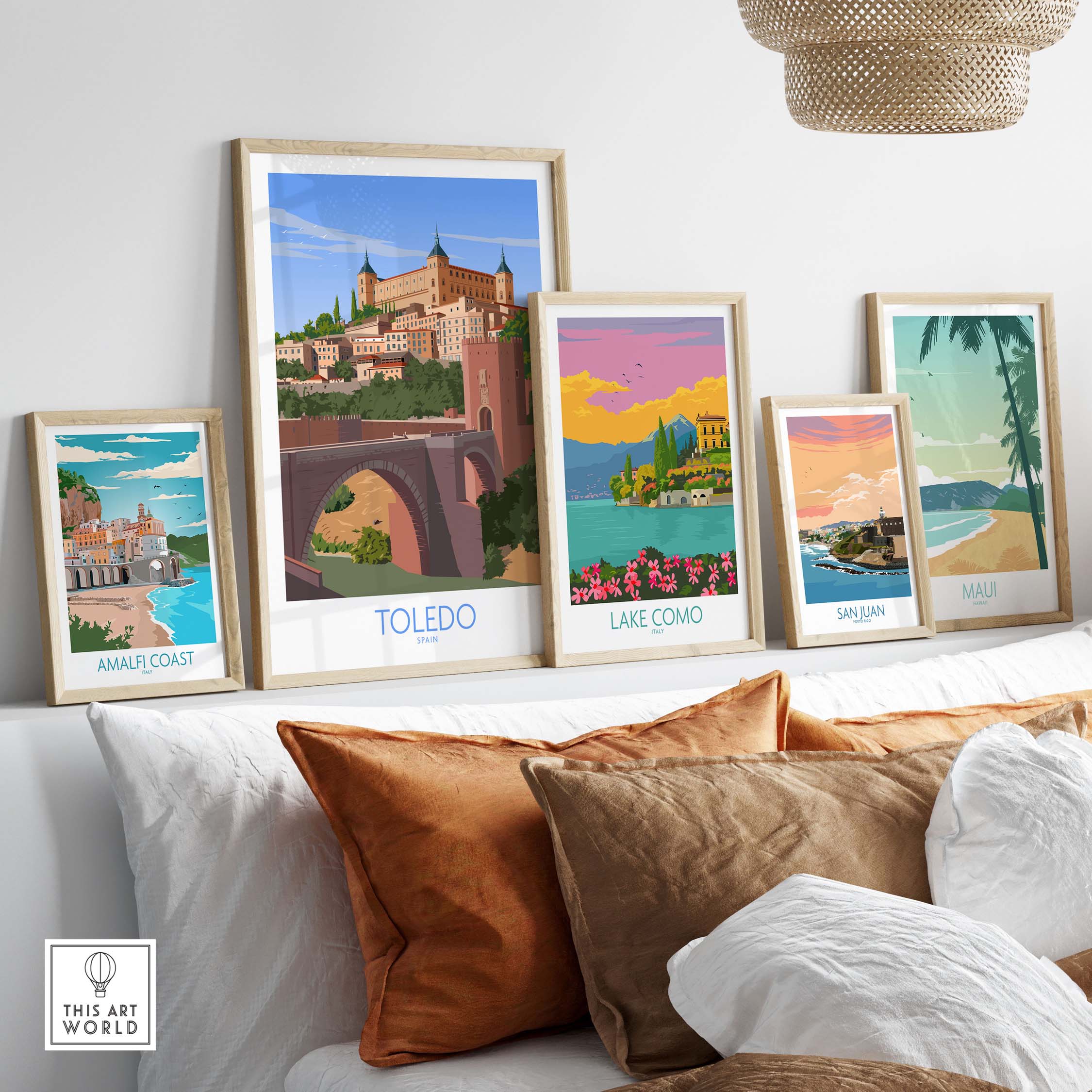 Toledo wall art print and travel posters displayed on a stylish shelf, featuring beautiful landscapes and minimalist designs.