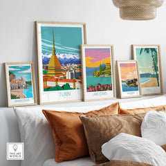 Turin wall art print and travel posters displayed in a stylish home setting, highlighting Italy's beauty.
