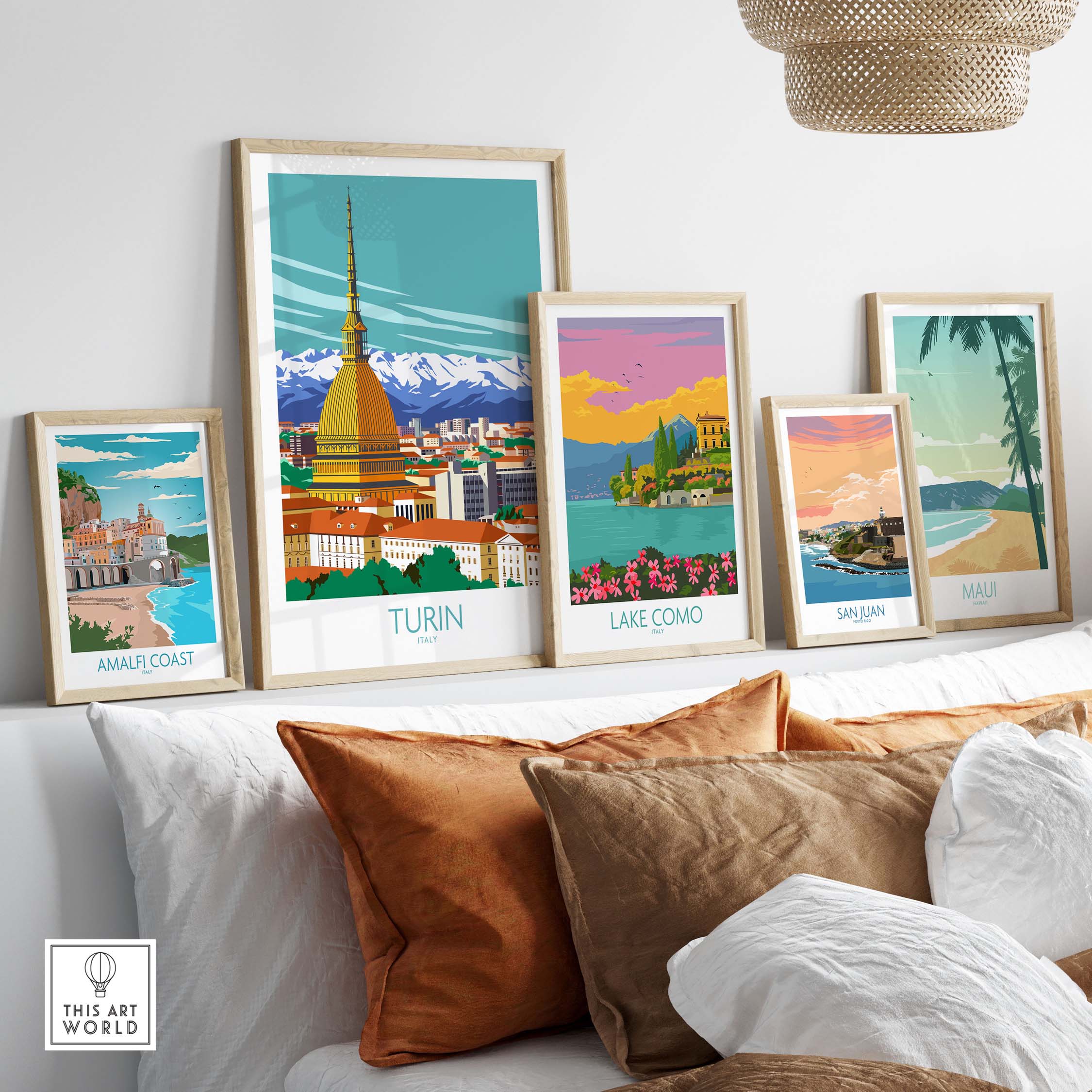 Turin wall art print and travel posters displayed in a stylish home setting, highlighting Italy's beauty.