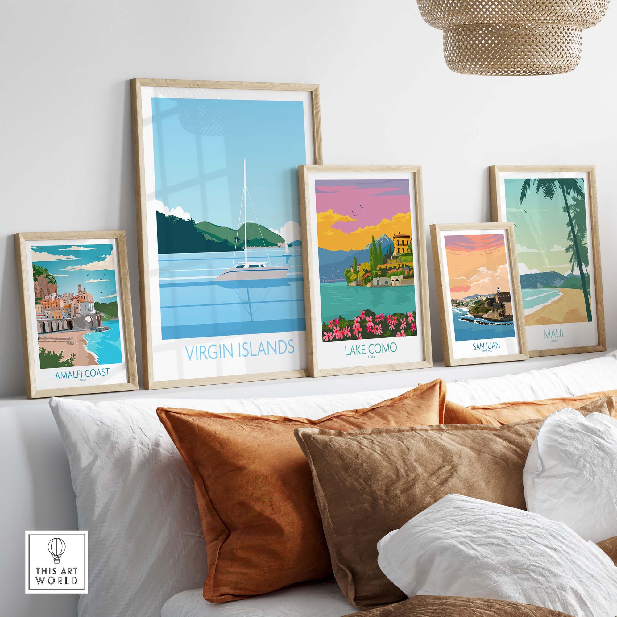 Virgin Islands wall art prints displayed on a modern couch, showcasing travel poster designs in a stylish home setting.