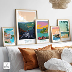 Virginia wall art print and travel posters displayed in stylish frames on a sofa.