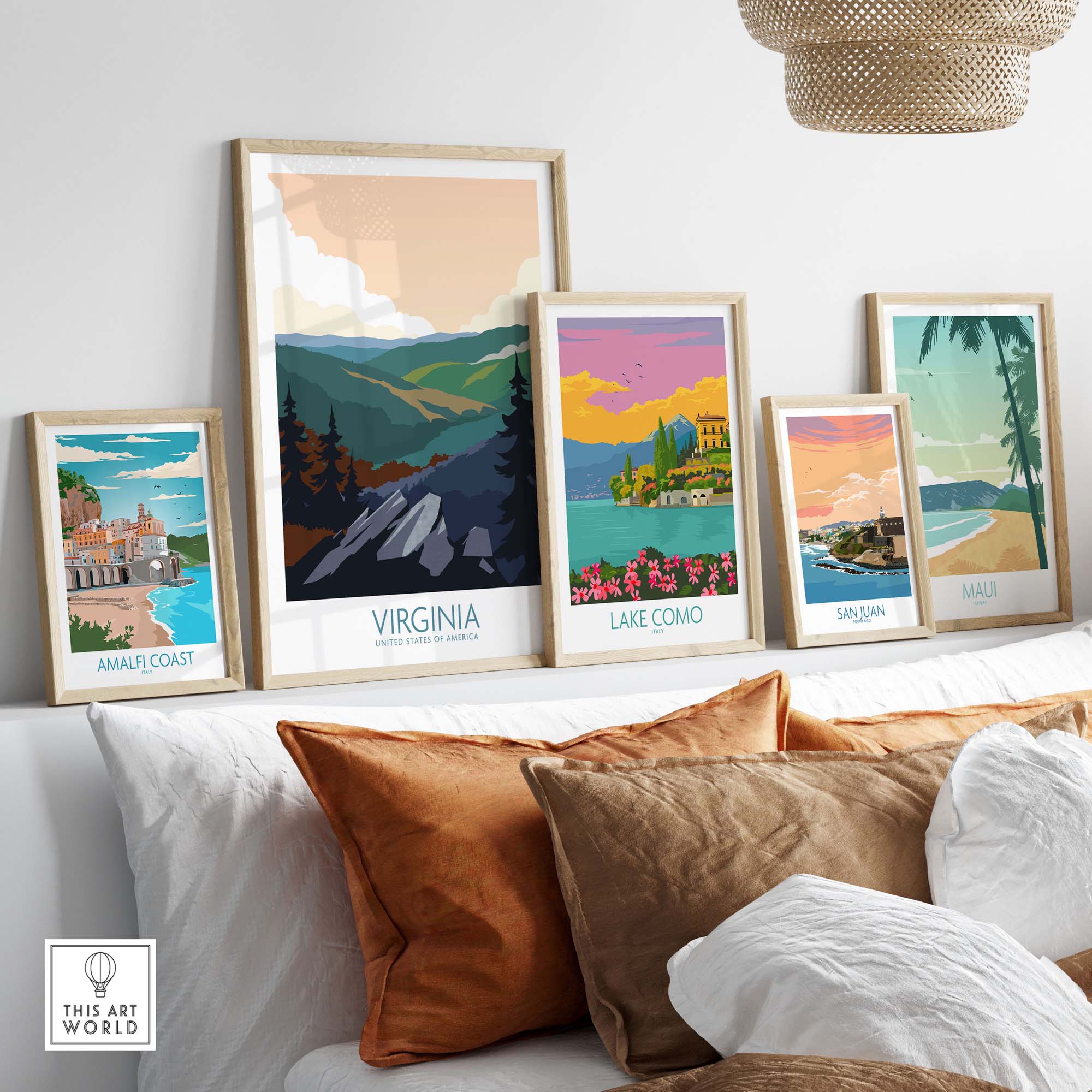 Virginia wall art print and travel posters displayed in stylish frames on a sofa.