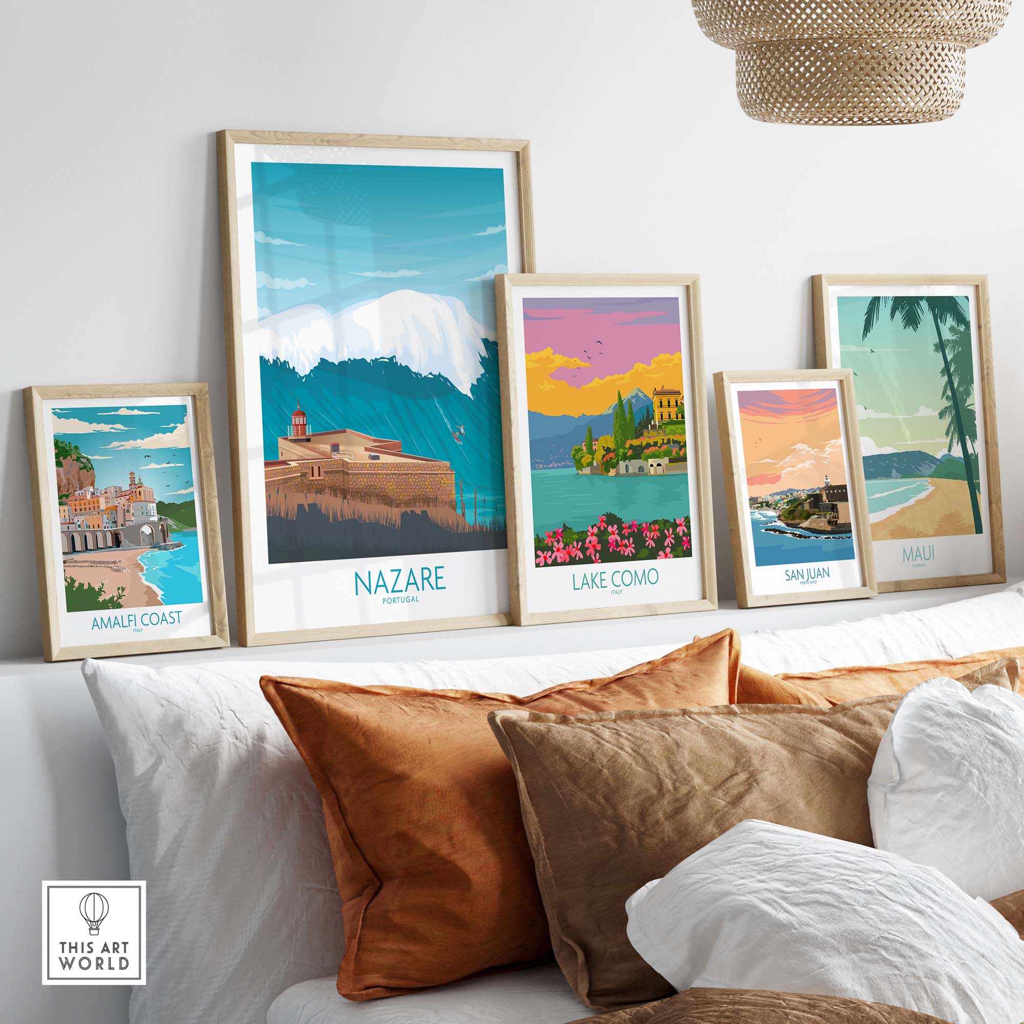 Nazare wall art print and travel posters showcasing iconic destinations in a stylish living room setting.