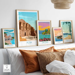 Petra wall art print displayed on a shelf with other travel posters in a modern home setting, showcasing minimalist design.