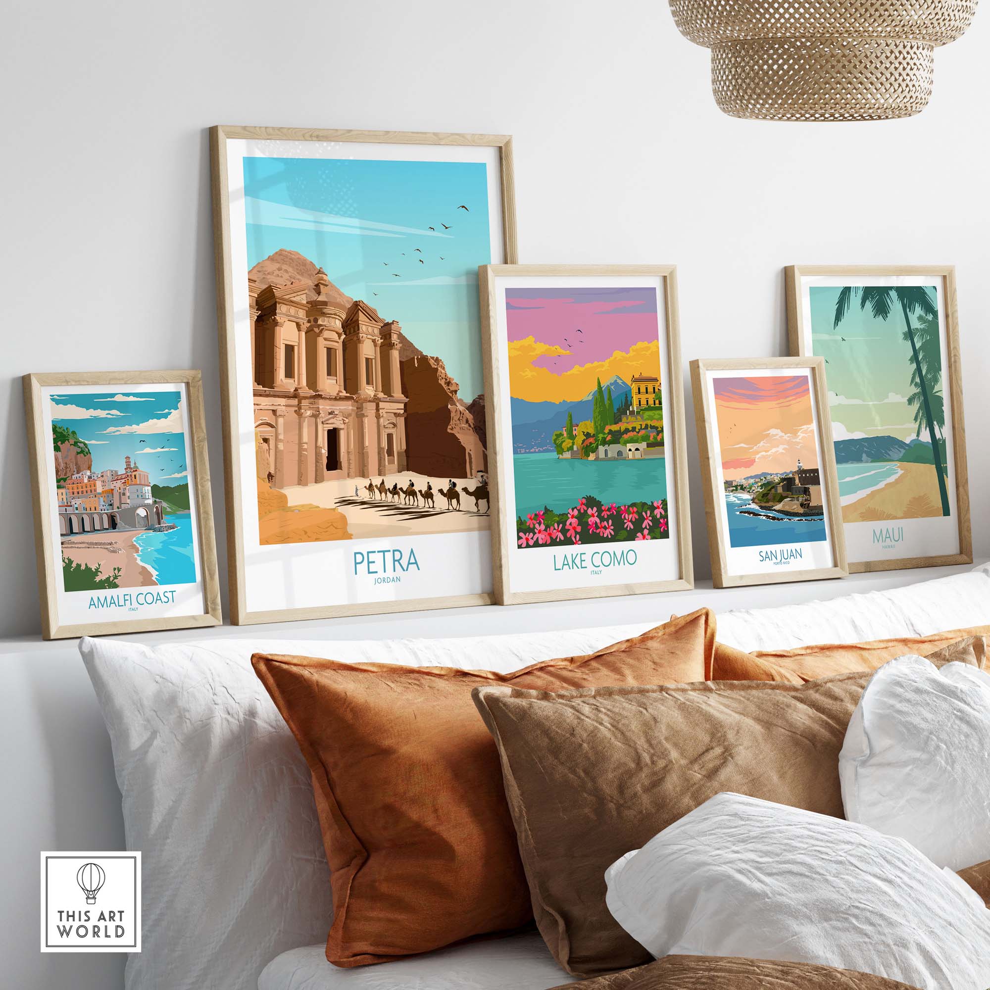 Petra wall art print displayed on a shelf with other travel posters in a modern home setting, showcasing minimalist design.