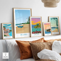 Sri Lanka wall art print featuring beach and landscape in a stylish, minimalist frame display on a sofa.