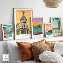 Stylish Madrid Print and vintage travel posters displayed on a wall, adding elegance to home decor.