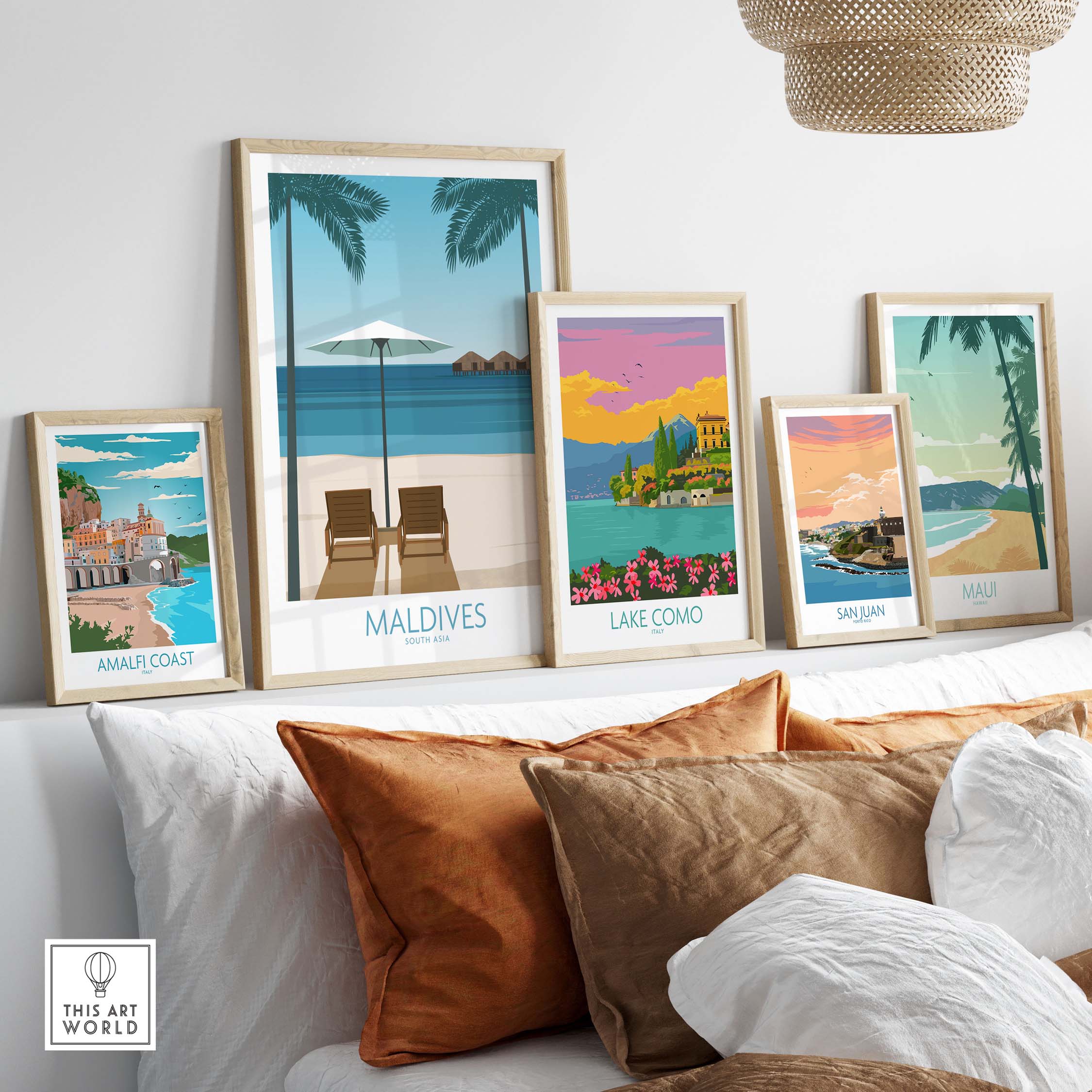 Gallery of vintage travel posters featuring Maldives and other destinations, stylishly displayed in a modern setting.