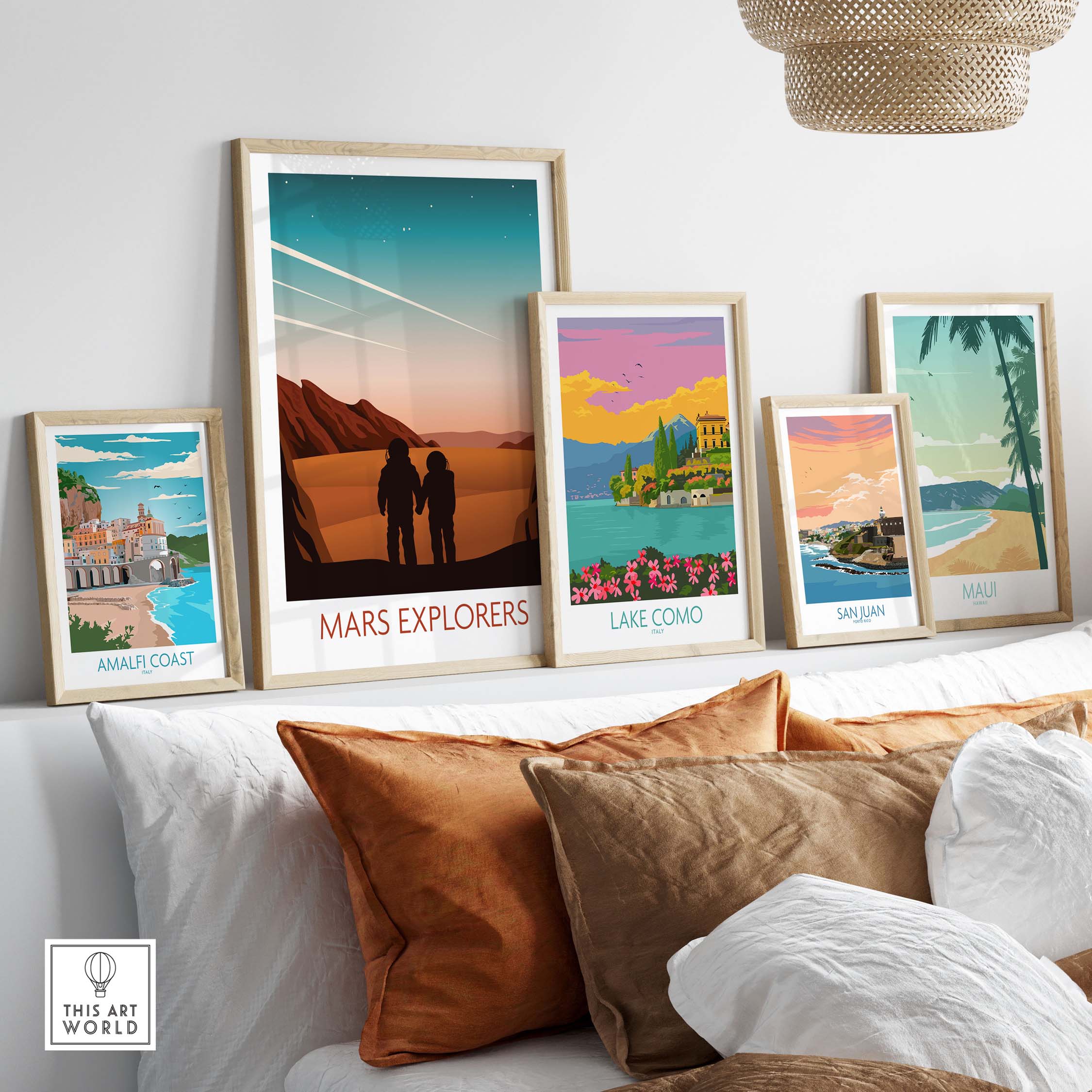 Framed Mars Explorers poster and vintage travel art on a stylish wall, showcasing wanderlust decor.