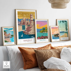Framed Marseille poster and vintage travel art prints showcased on a stylish wall decor.