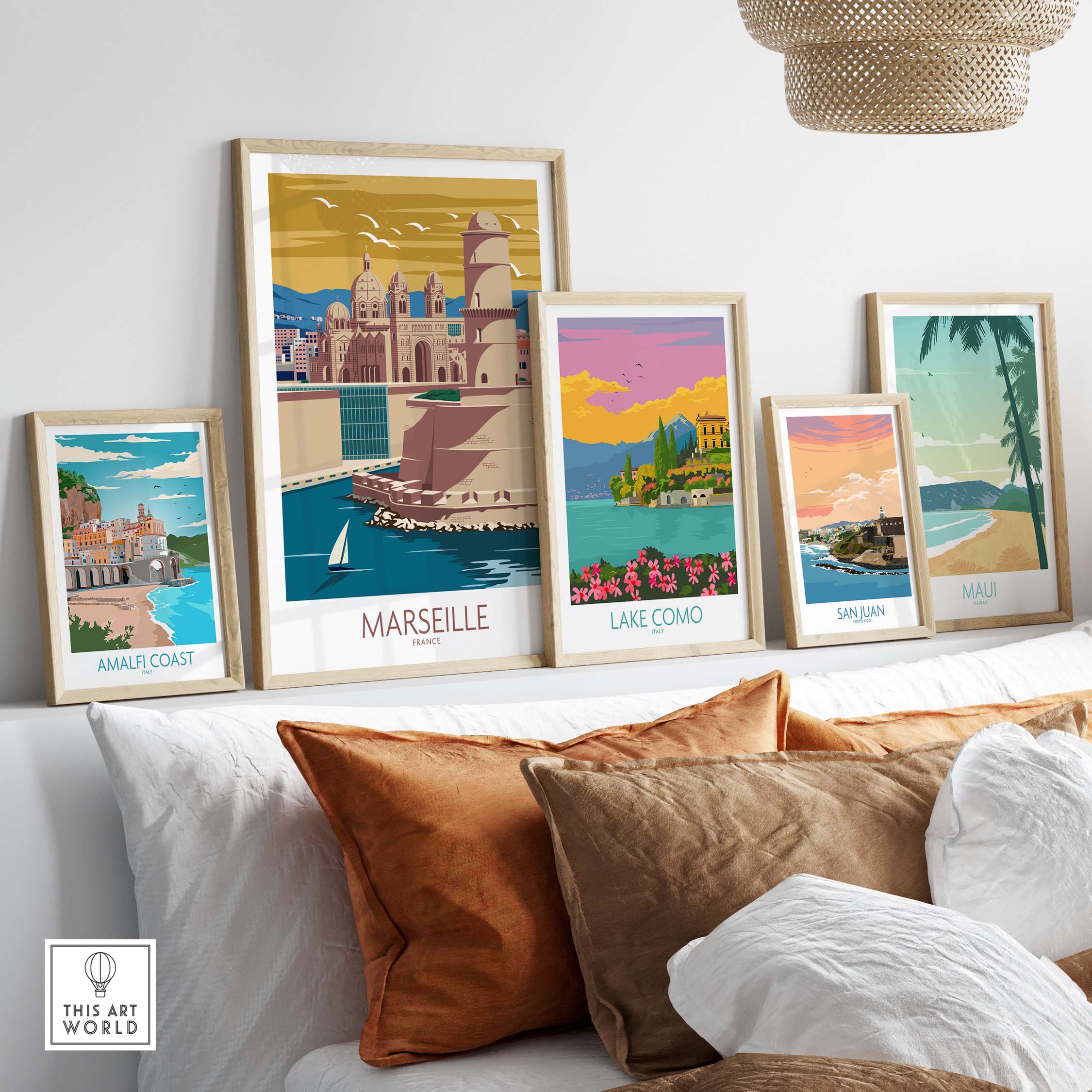 Framed Marseille poster and vintage travel art prints showcased on a stylish wall decor.