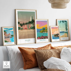 Miami Wall Art Poster Print collection featuring vintage travel designs in a stylish home setting.