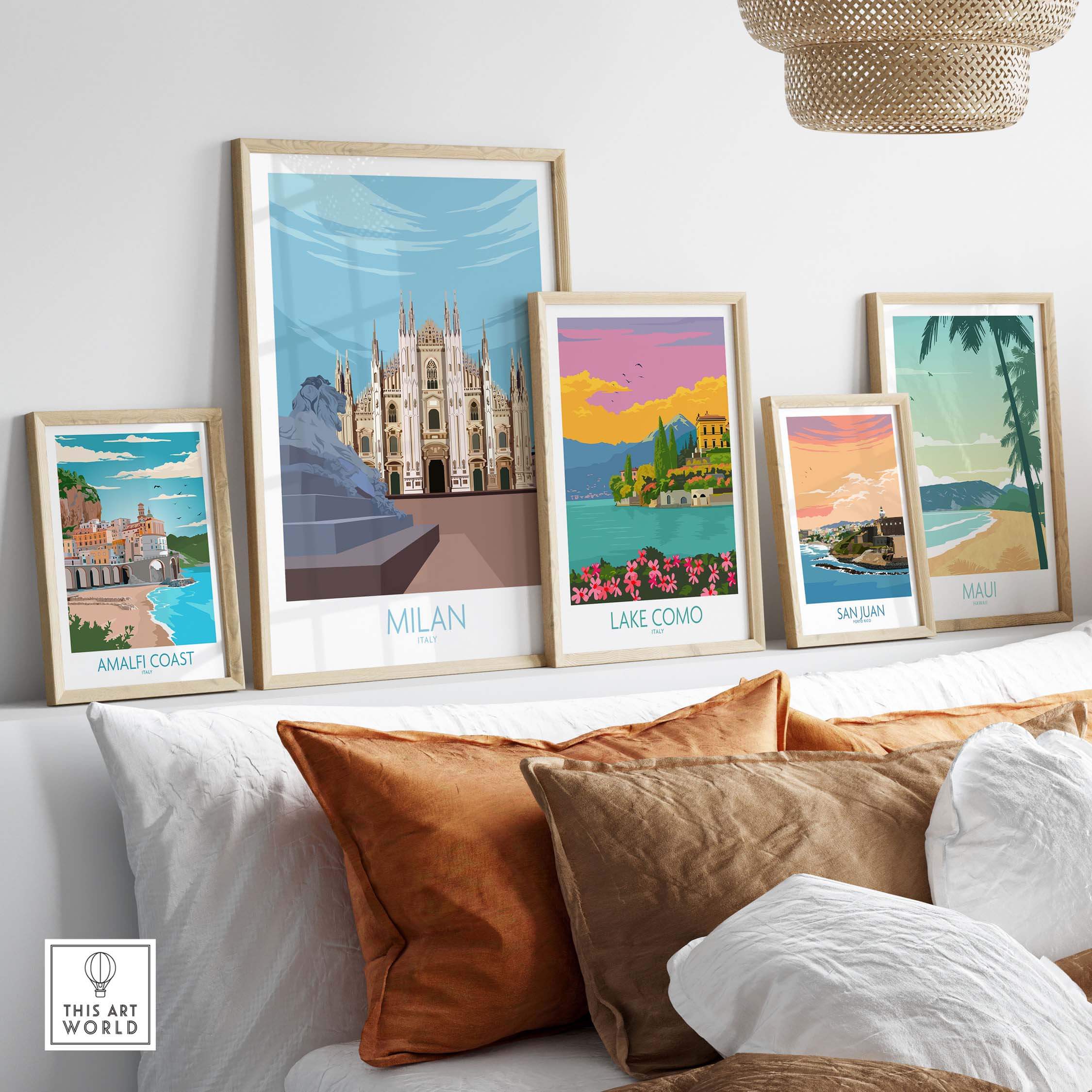 Milan Print Italy Poster and vintage travel artwork showcasing Amalfi Coast, Lake Como, San Juan, and Maui.