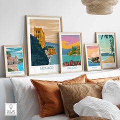 Monaco poster print displayed among vintage travel art, showcasing minimalist design and French Riviera charm.