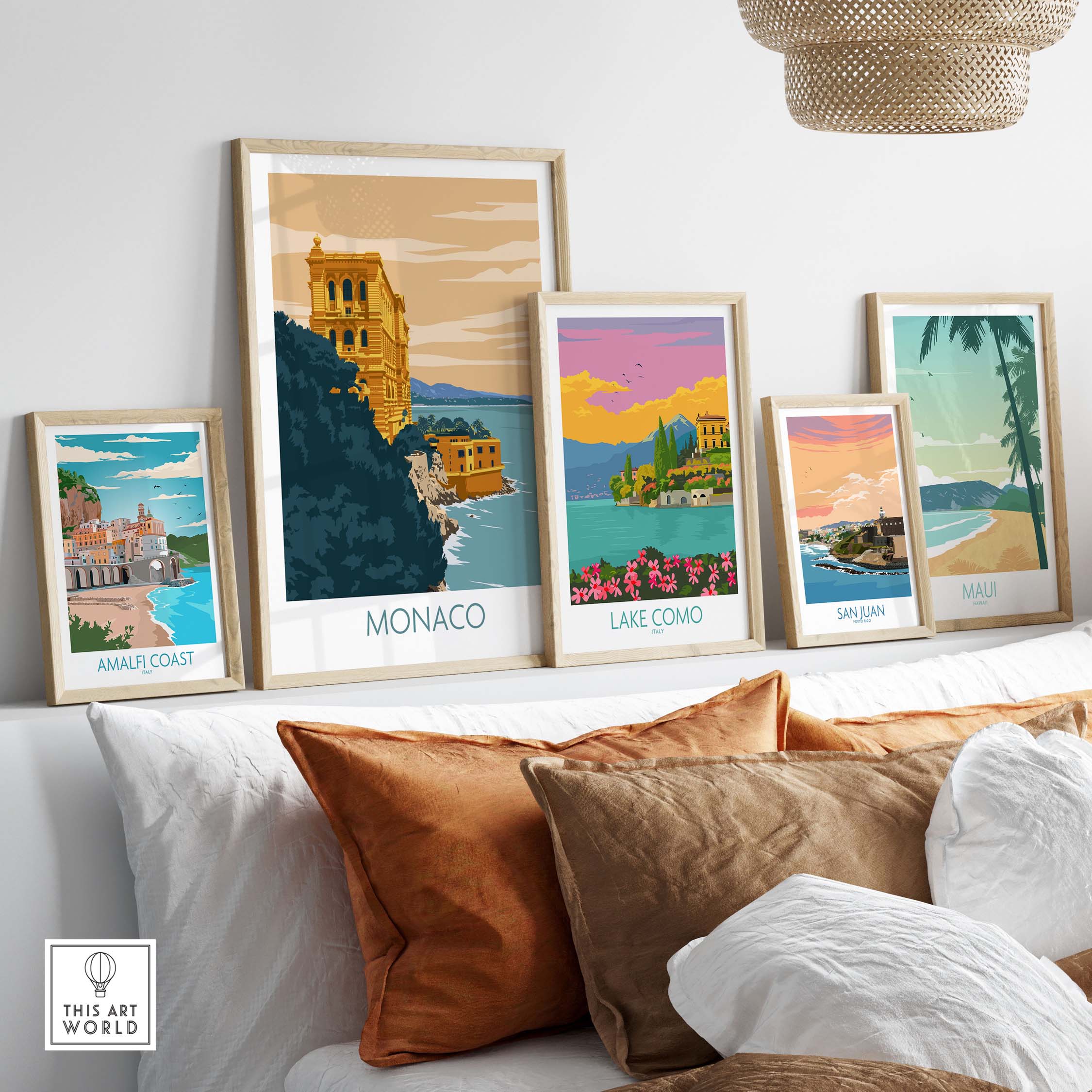 Monaco poster print displayed among vintage travel art, showcasing minimalist design and French Riviera charm.