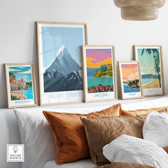 Mount Everest Print Travel Poster among framed vintage travel art in a stylish home setting.