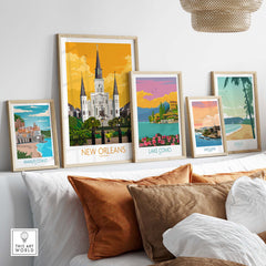 New Orleans travel poster displayed in a stylish home setting among other vintage art prints.