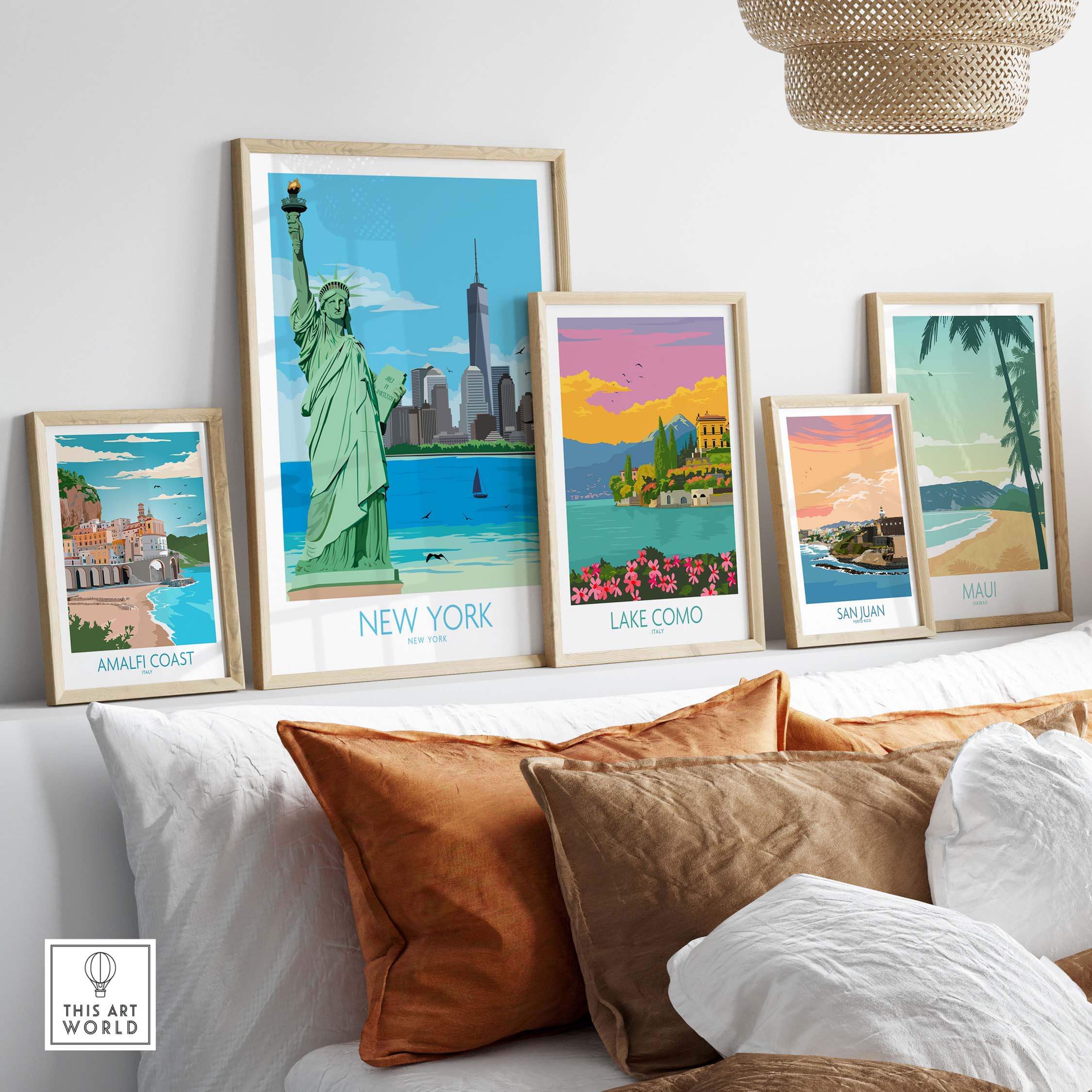 Stylish New York City poster featuring the Statue of Liberty and framed travel art prints in a cozy living room decor.