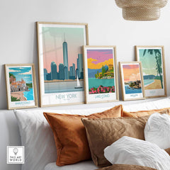 Stylish travel art prints including a New York poster, displayed in a modern living space.