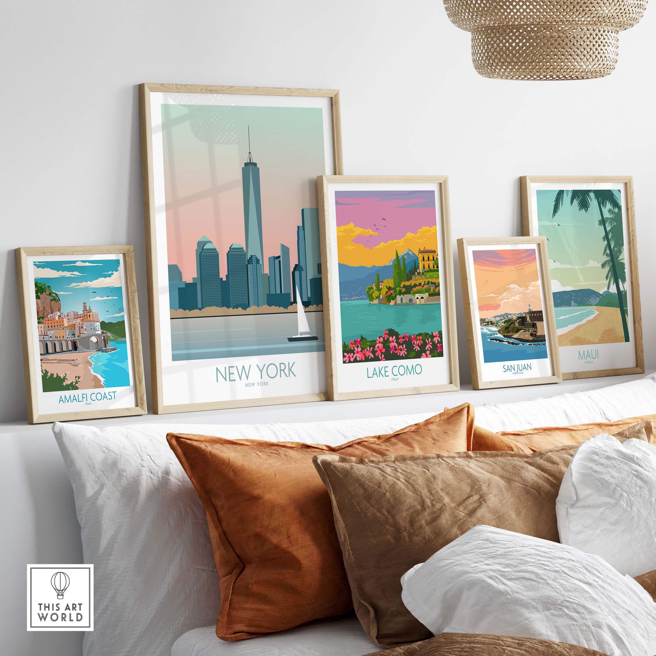Stylish travel art prints including a New York poster, displayed in a modern living space.