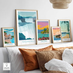 Stylish Niagara Falls print wall art displayed alongside other vintage travel posters on a modern shelf.
