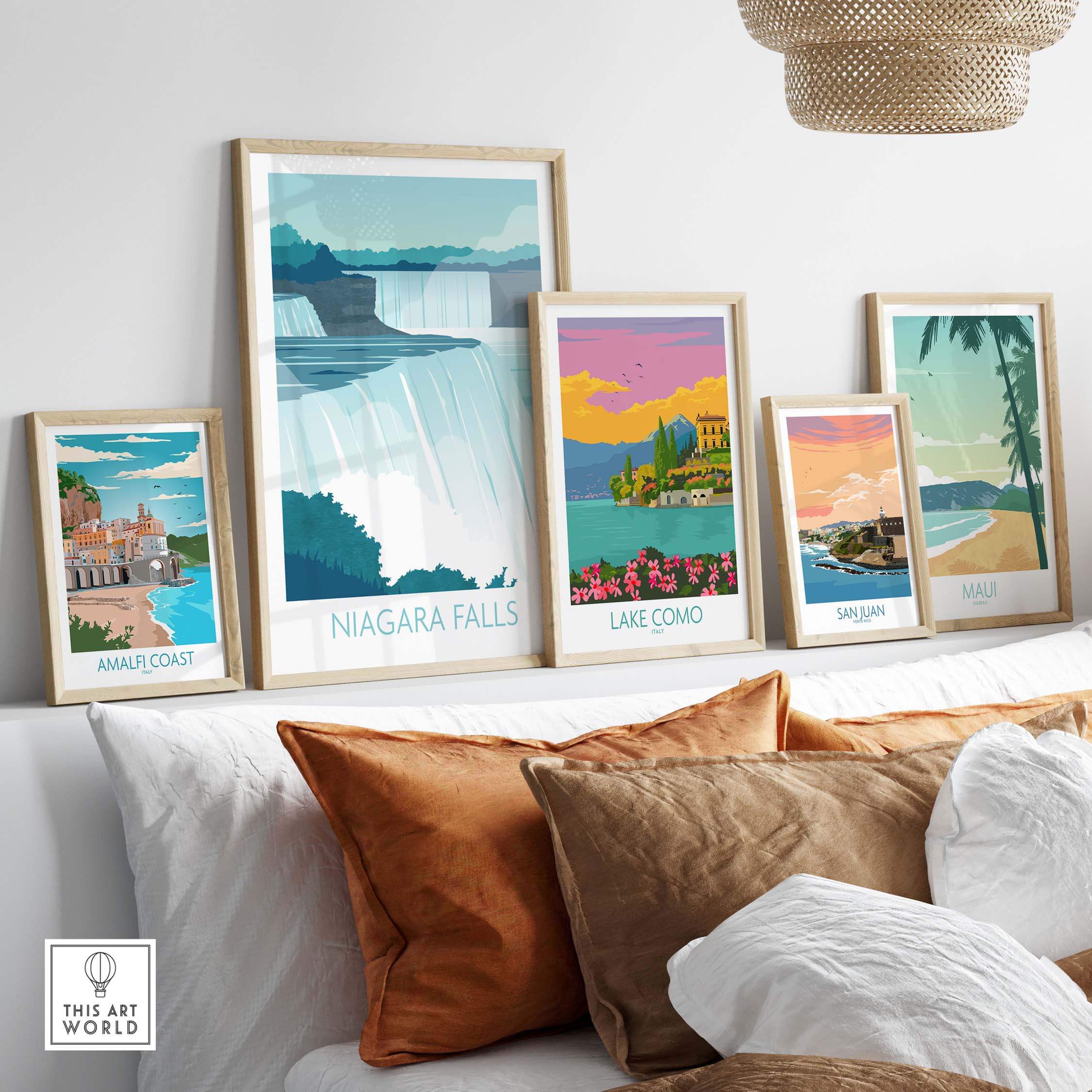 Stylish Niagara Falls print wall art displayed alongside other vintage travel posters on a modern shelf.