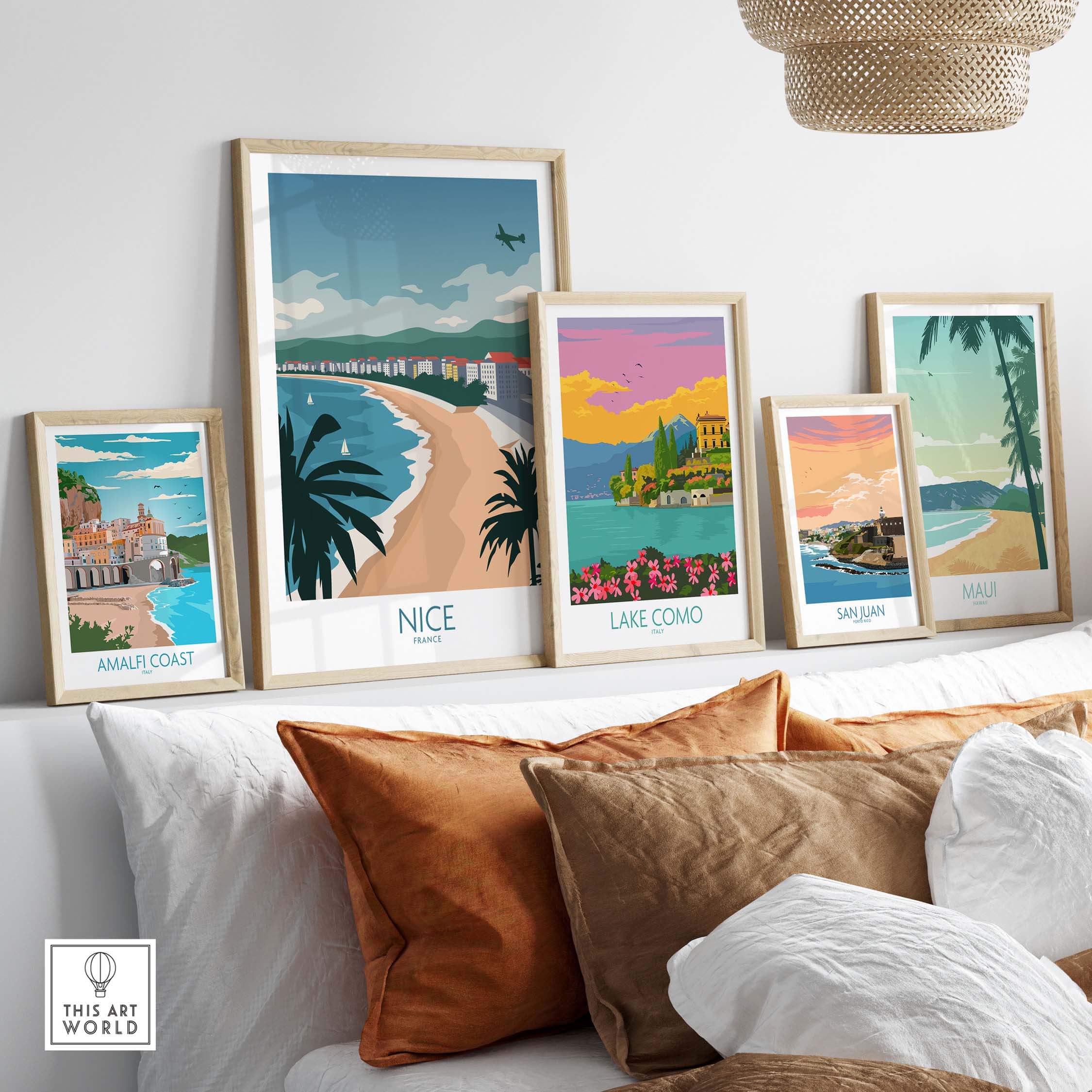 Collection of vintage travel posters featuring Nice, Amalfi Coast, Lake Como, San Juan, and Maui, displayed in stylish frames.