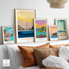 Stylish Nottingham Poster Print displayed with vintage travel artwork on a cozy wall, perfect for home or office decor.
