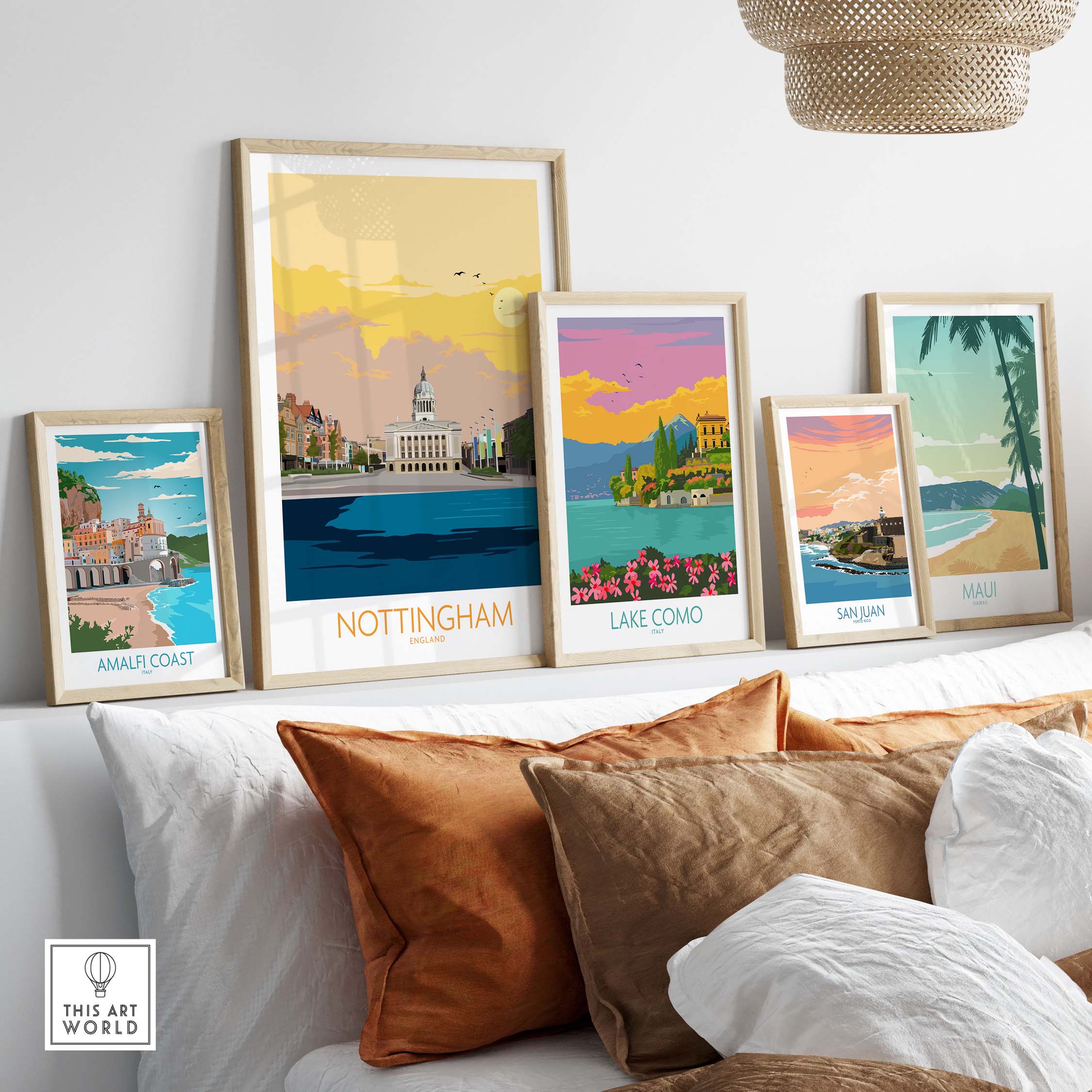 Stylish Nottingham Poster Print displayed with vintage travel artwork on a cozy wall, perfect for home or office decor.