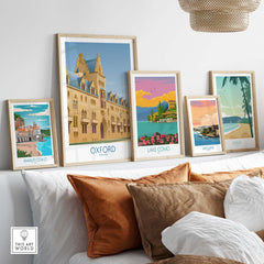 Oxford Wall Art Print alongside vintage travel posters, adding a stylish accent to contemporary home decor.