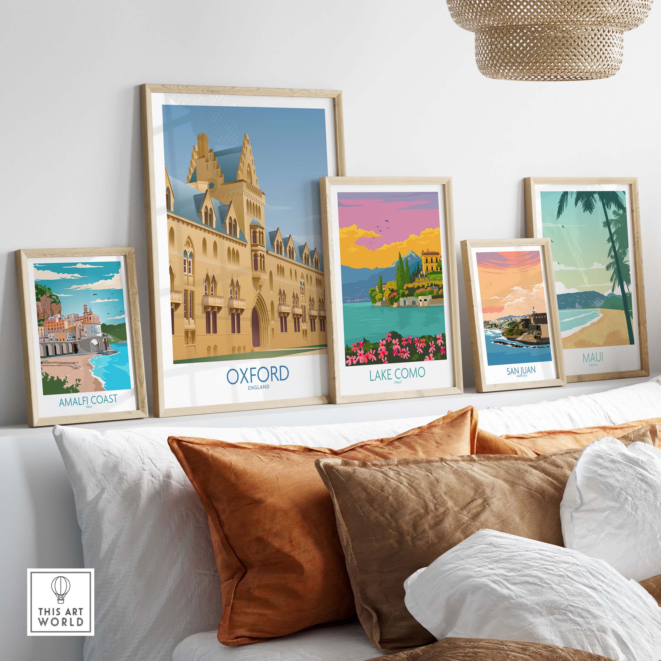 Oxford Wall Art Print alongside vintage travel posters, adding a stylish accent to contemporary home decor.