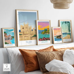 Stylish Palma Mallorca wall art prints featured in a cozy living room setting.