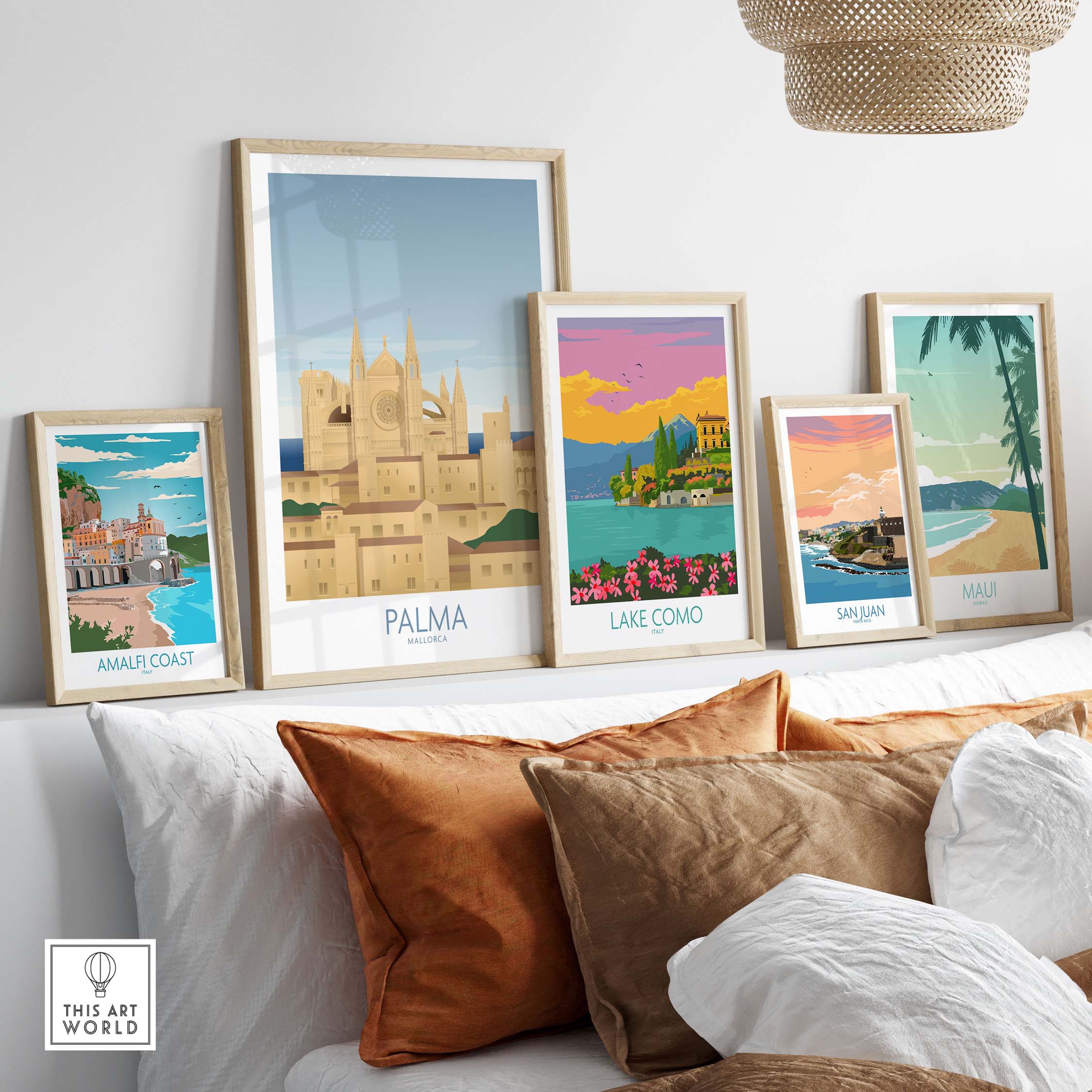 Stylish Palma Mallorca wall art prints featured in a cozy living room setting.
