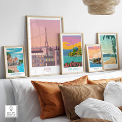Elegant Paris print travel poster alongside stunning vintage-style art prints of iconic destinations.