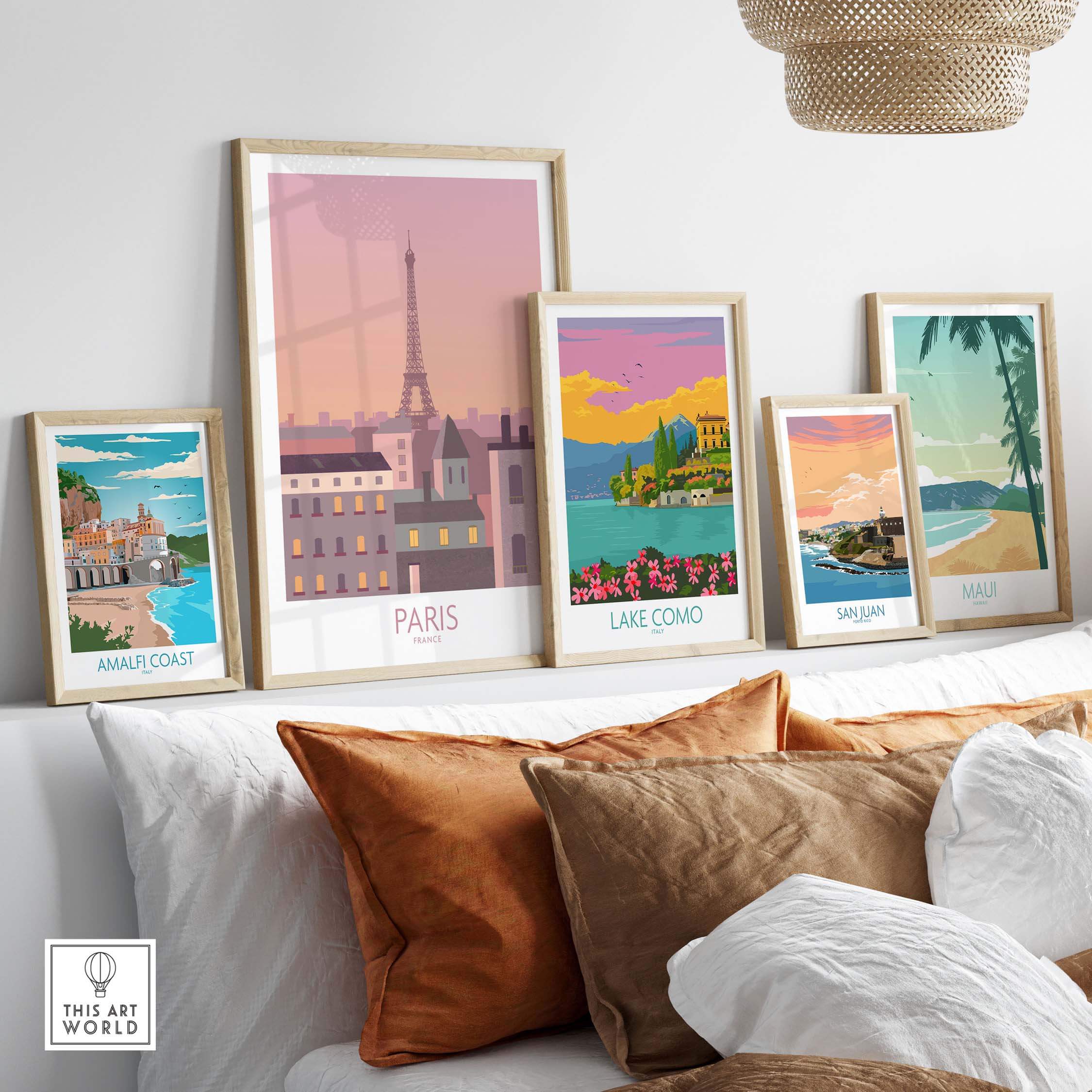 Elegant Paris print travel poster alongside stunning vintage-style art prints of iconic destinations.