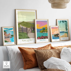 Collection of framed travel art prints including Peak District, Amalfi Coast, and Lake Como for stylish home decor.