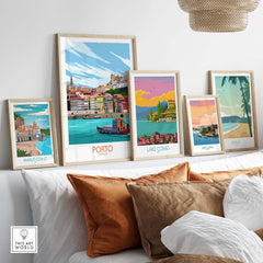 Stylish Porto Travel Poster Print displayed with other vintage travel art, enhancing home decor with a touch of wanderlust.