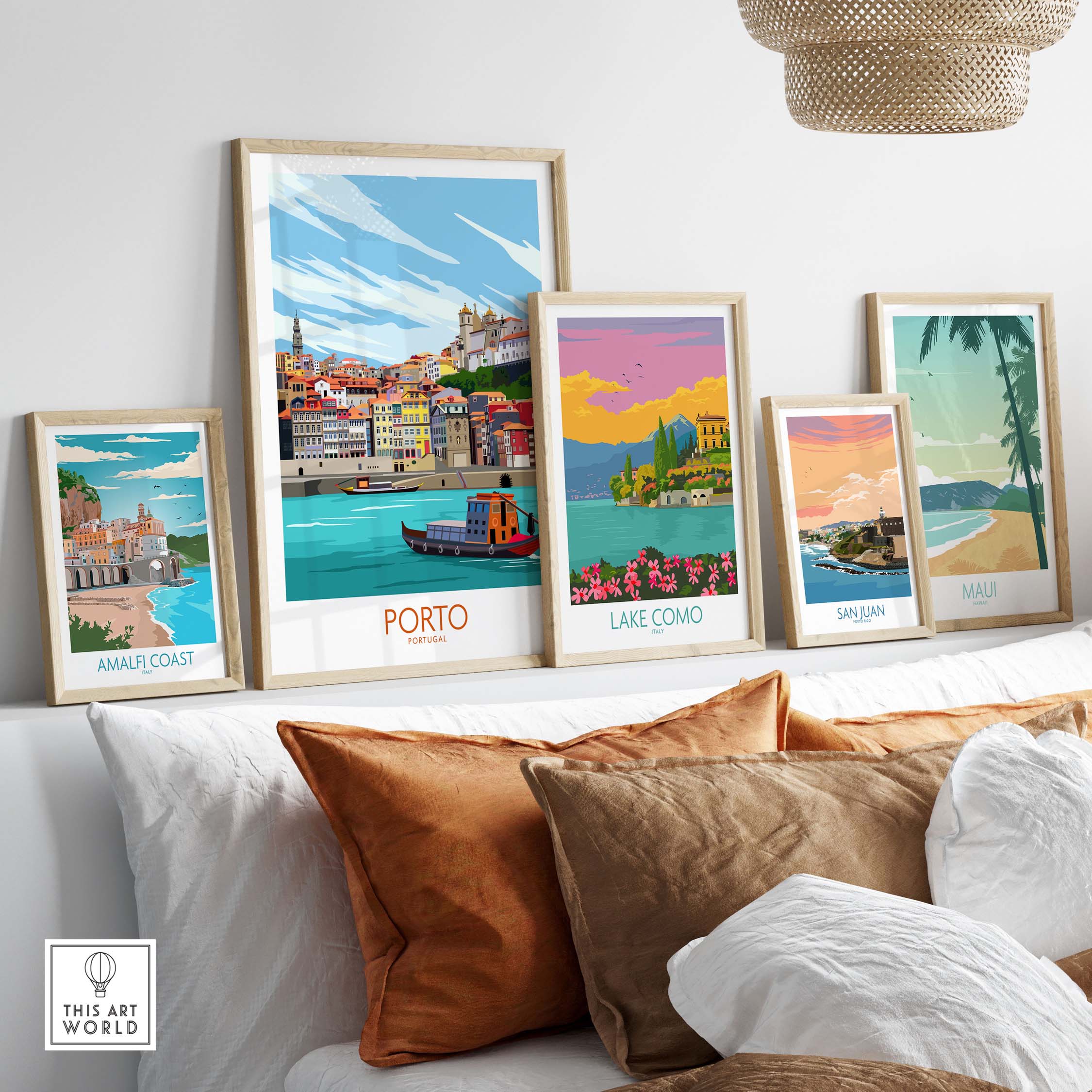 Stylish Porto Travel Poster Print displayed with other vintage travel art, enhancing home decor with a touch of wanderlust.