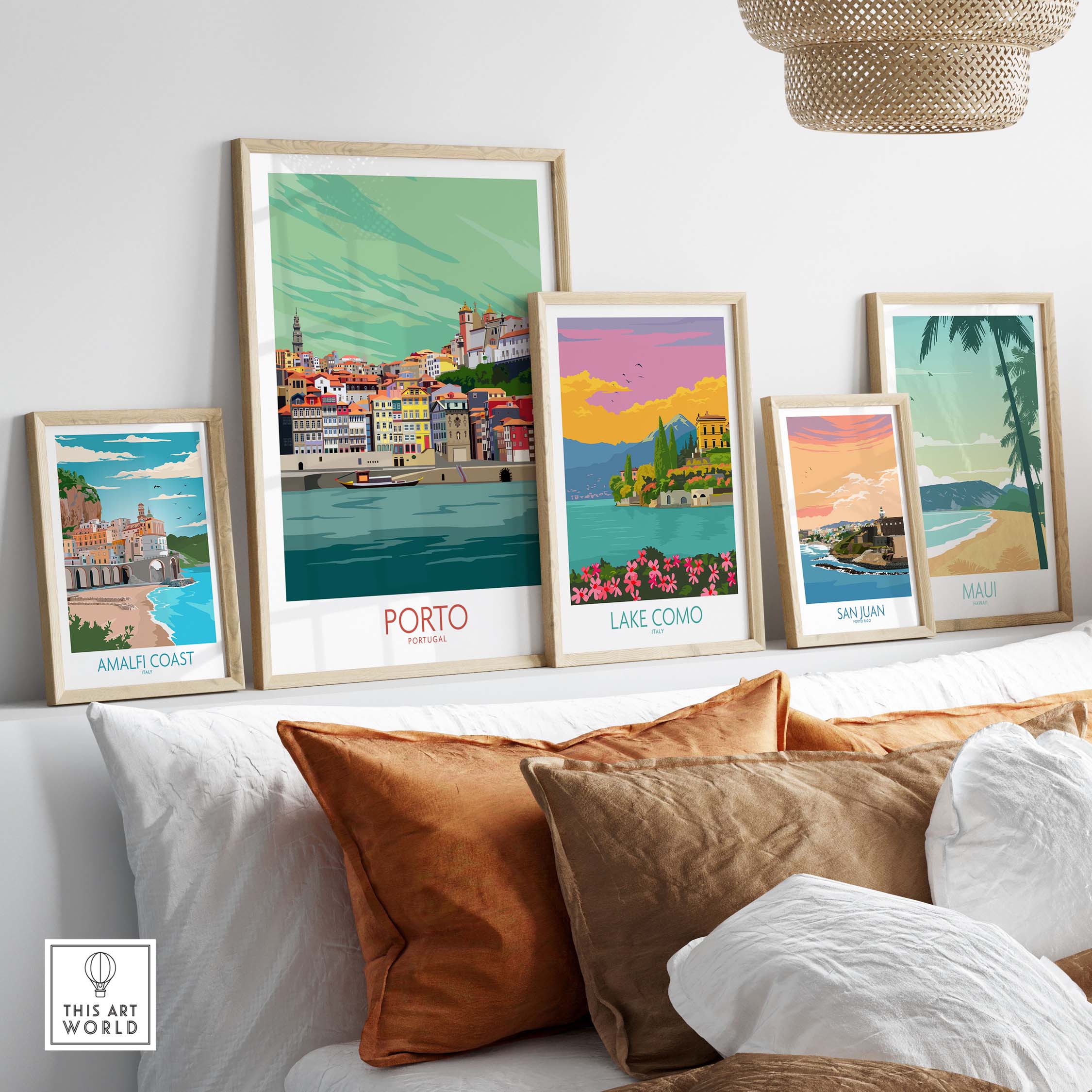Porto Portugal travel poster displayed among other vintage travel posters in a stylish interior setting.