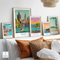 Prague Poster Travel Print alongside vintage travel art prints of Amalfi Coast, Lake Como, San Juan, and Maui.