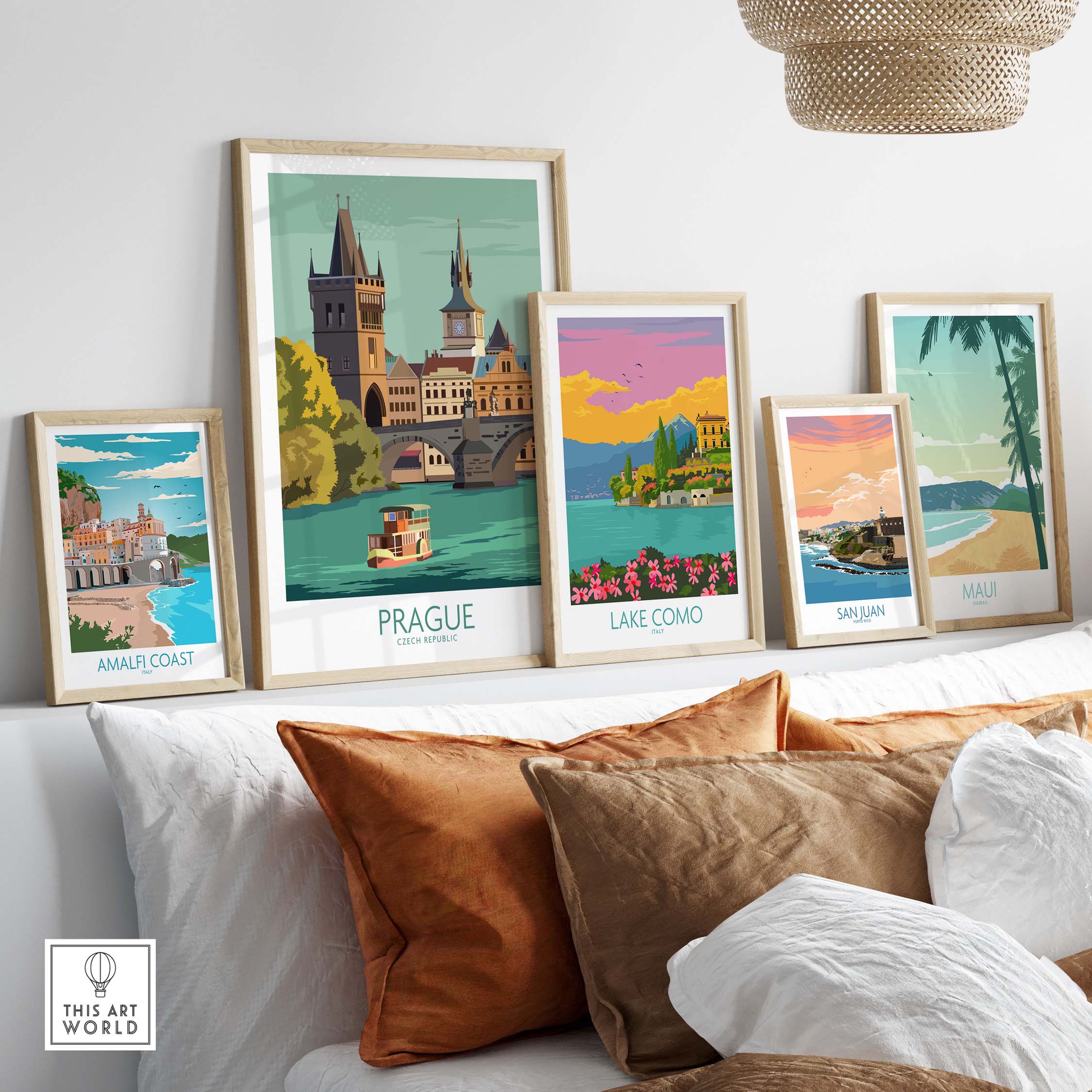 Prague Poster Travel Print alongside vintage travel art prints of Amalfi Coast, Lake Como, San Juan, and Maui.